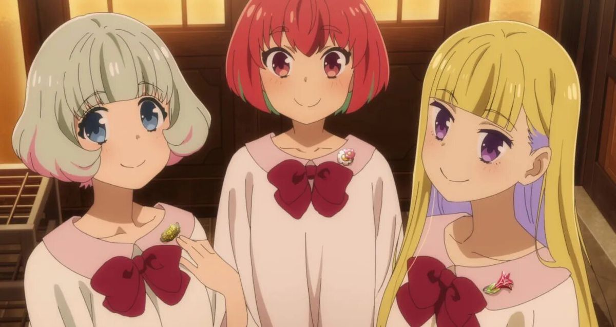 (L-R) Hibiki Morishima, Kana Fujii, and Reimi Itsushiro in their healing gowns in Healer Girl.