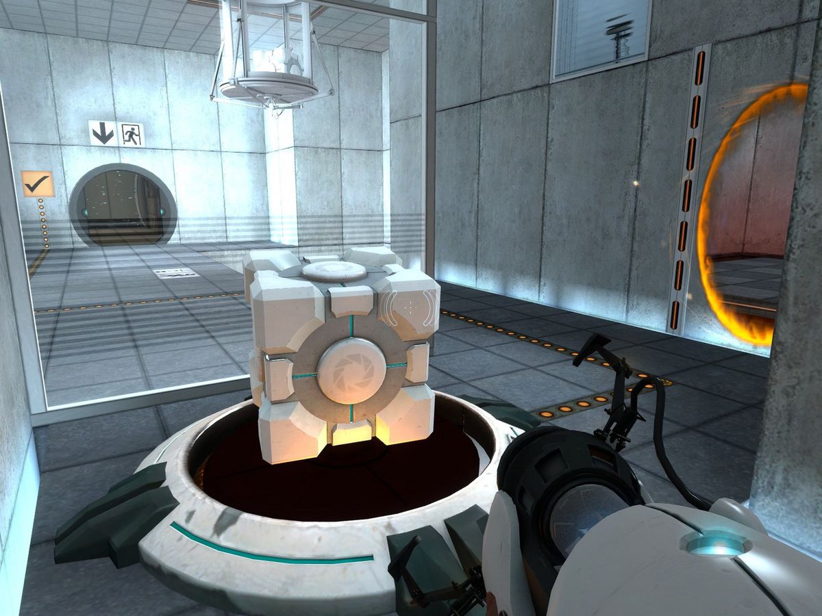 A screenshot from Portal, with a cube in the center of the screen.