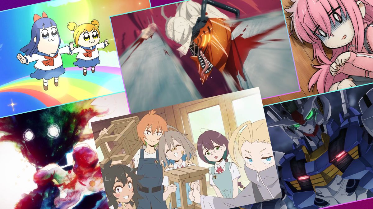 A six-panel header image featuring scenes from several anime that have premiered in 2022, including (L-R, Top to Bottom): Pop Team Epic season 2, Chainsaw Man, Bocchi the Rock, Mob Psycho 100 III, Do It Yourself!, and Mobile Suit Gundam: The Witch from Mercury.  