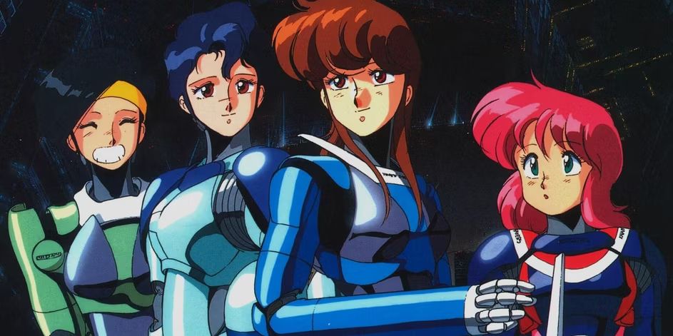 An illustration of four anime woman wearing armored combat suits and staring off into the distance.