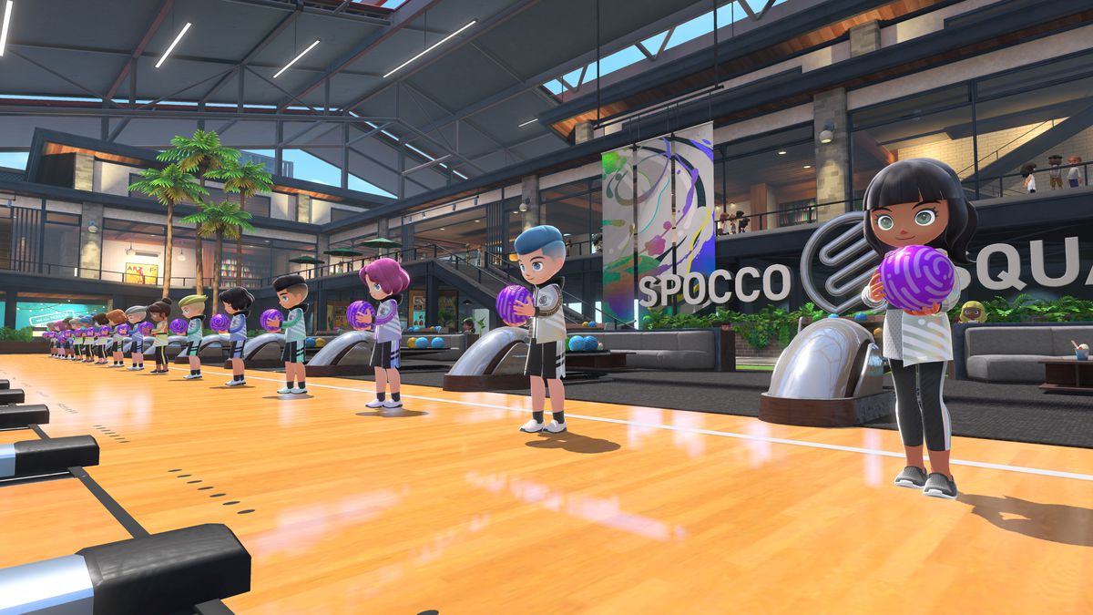 16 bowlers line up to bowl in a screenshot from Nintendo Switch Sports