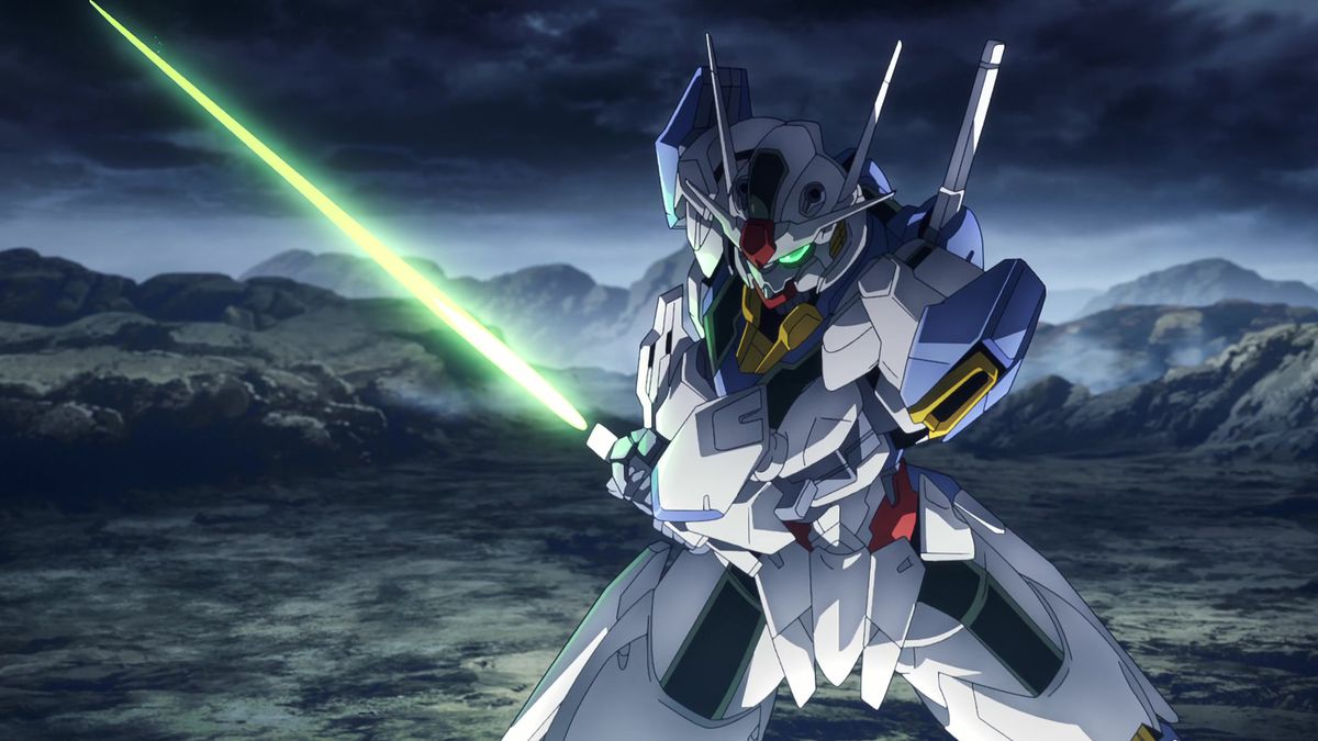 A white mecha with blue, red, and yellow accents holds a saber made of green light in its hands while standing in a fighting pose.