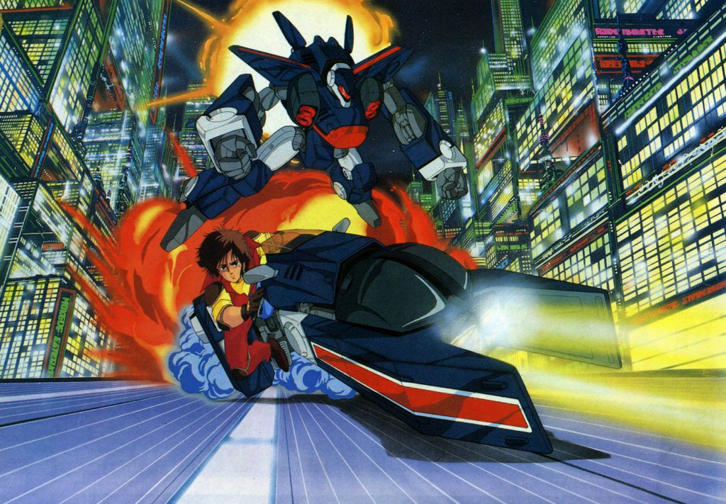 A young anime youth rides a black, blue, and red-colored hoverbike while chased by a black and red mech down a futuristic highway with explosions in the background.