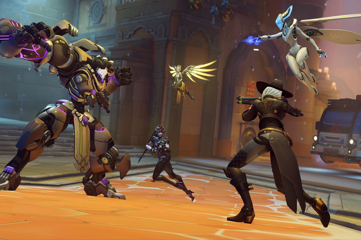 Ashe and Echo attack Ramattra, Widowmaker, and Mercy on the new Shambali map in a screenshot from Overwatch 2