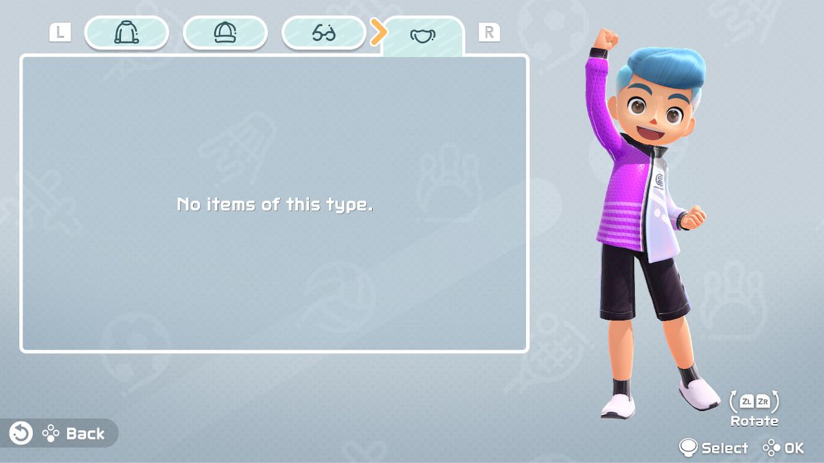 The costume select screen features face masks in Nintendo Switch Sports
