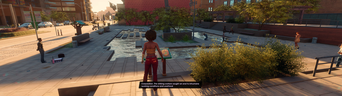 A placard for the Red Faction Memorial Park stands in front of a artificial pond in a public square. The memorial is an Easter egg in Saints Row.