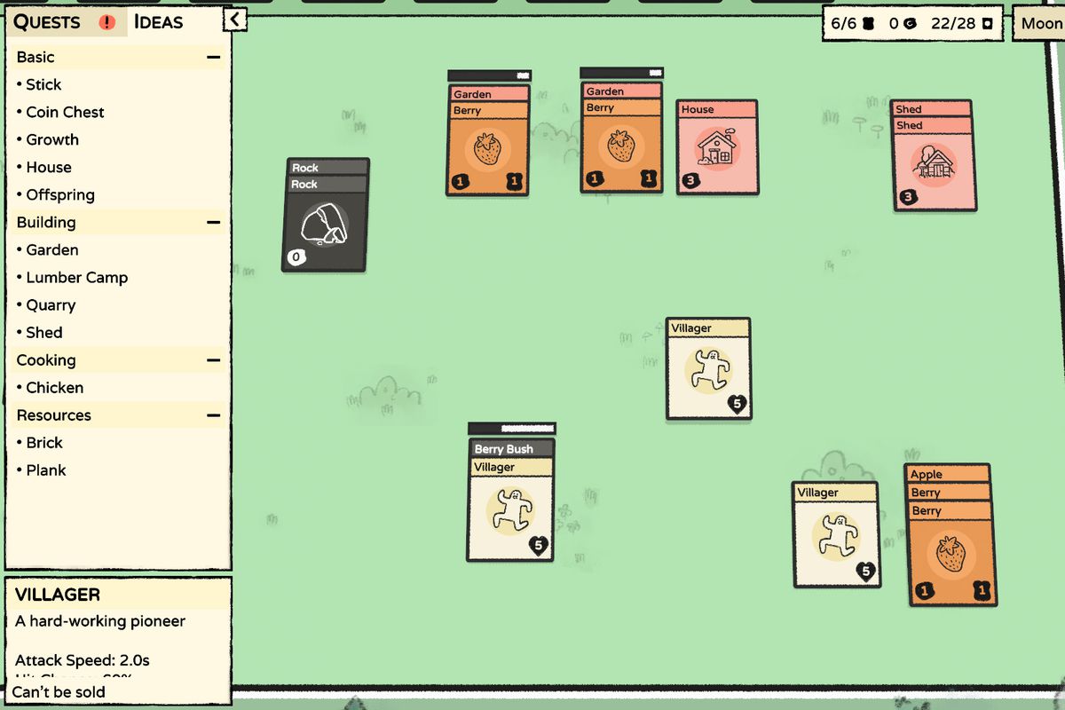 A green table space with different cards on them in a screenshot from Stacklands.