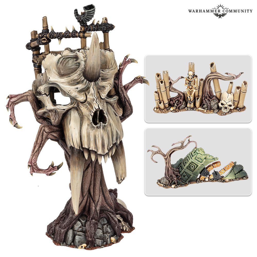 A figure of a tree that has grown into a gigantic skull. The terrain piece is accompanied by two smaller, inset images showing barriers made of stone and reeds.