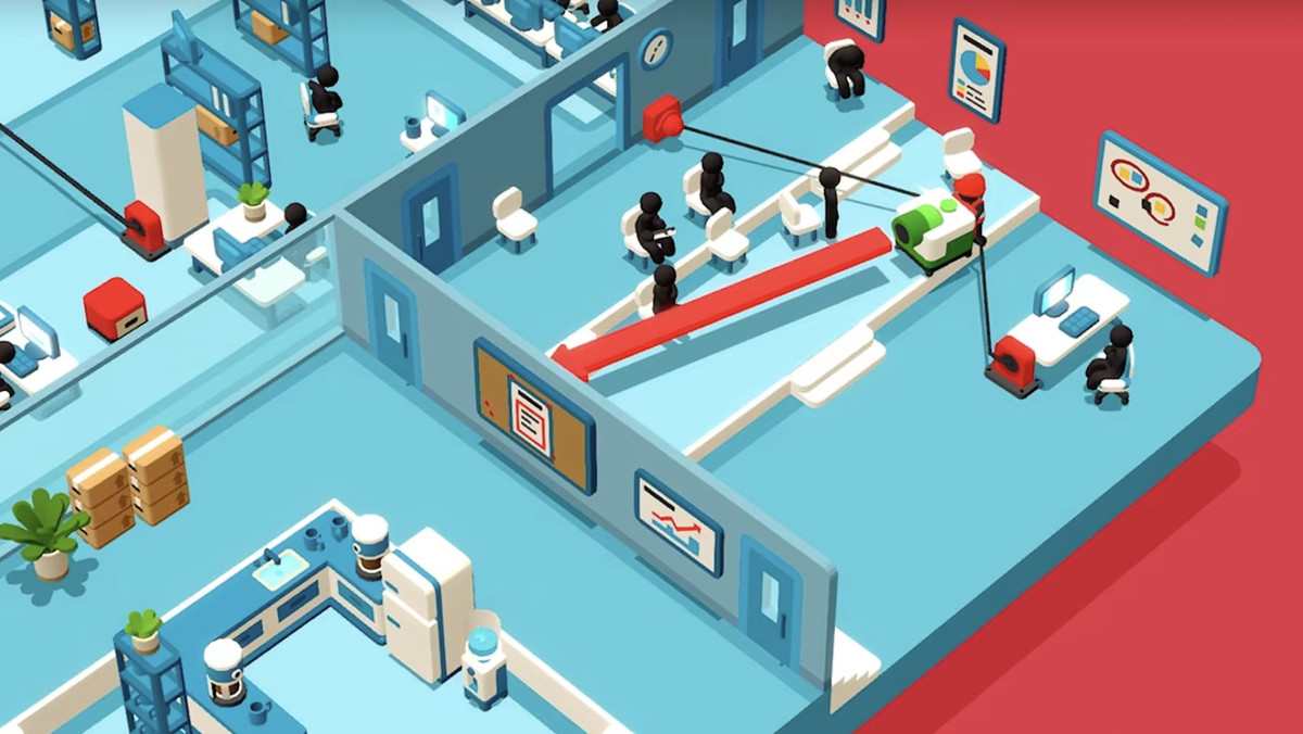 A bright blue and red colored jolly-looking, illustrated office from an isometric view. A sprite wearing a construction hat is holding a projector against a wire, as if to launch it.