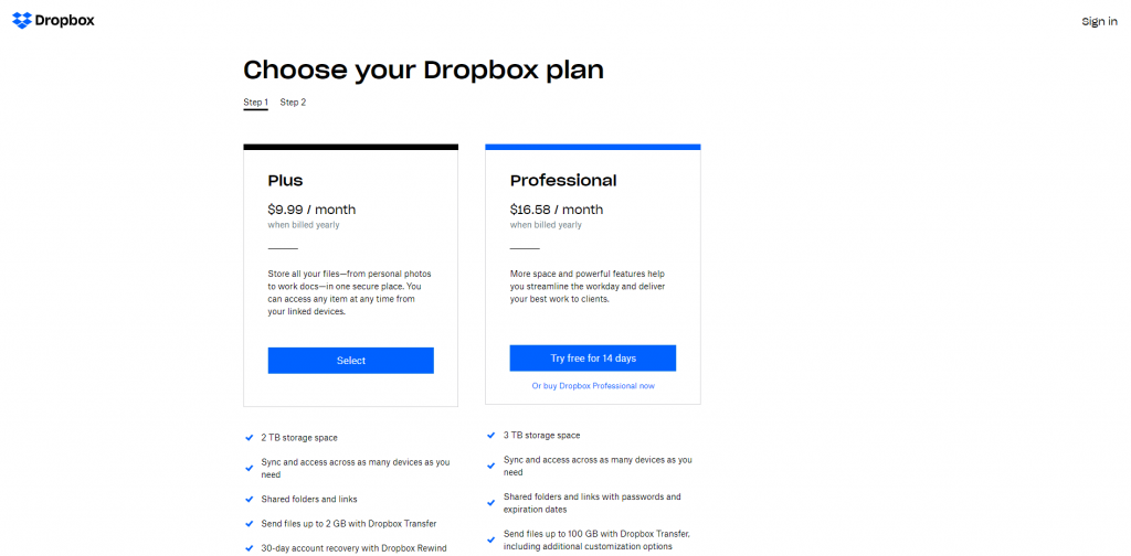 Dropbox Plans