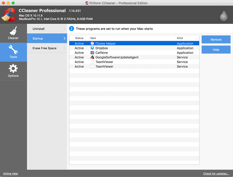 CCleaner startup manager for Mac
