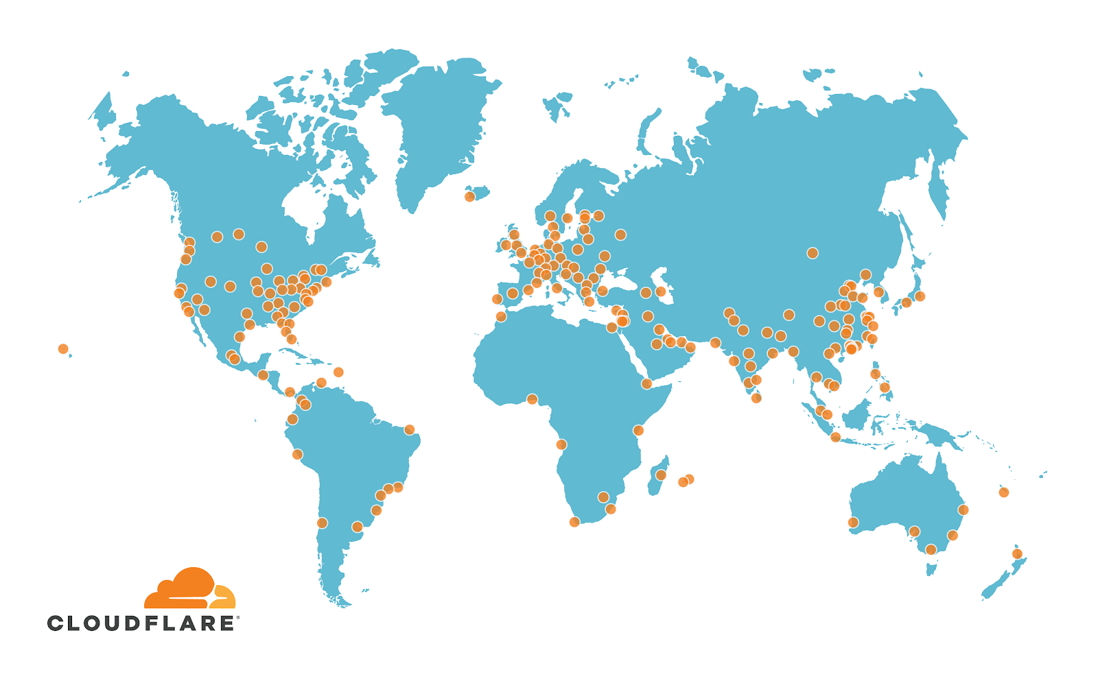 Map of the world with dots denoting Cloudflare's geographically diverse presence in 200 cities