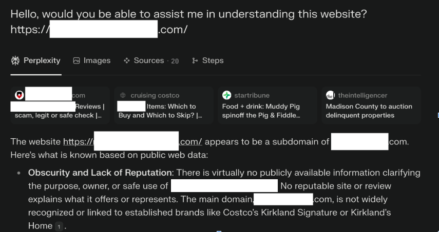 Perplexity answering questions about our test website that should have not been accessible by Perplexity