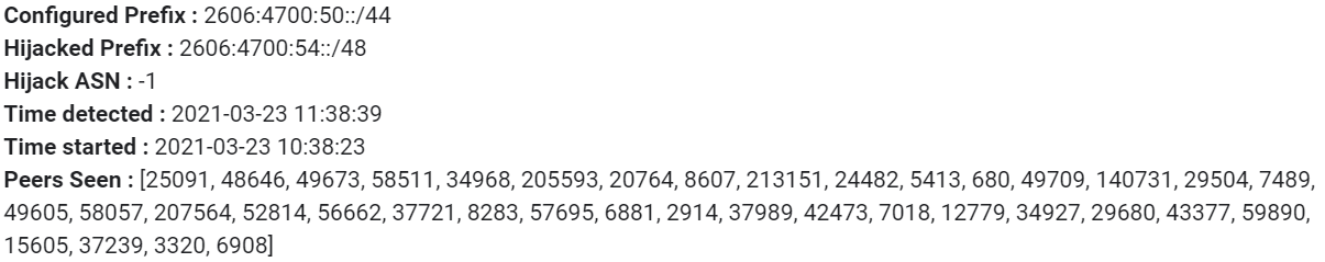 Cloudflare already has this configured on our own prefixes today. Here’s an example of what we see when our system determines that something is wrong: