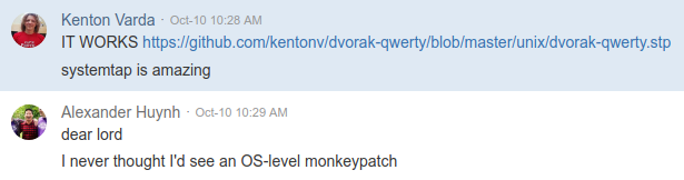 Screenshot of chat log between Kenton Varda and Alexander Huynh. Kenton says
