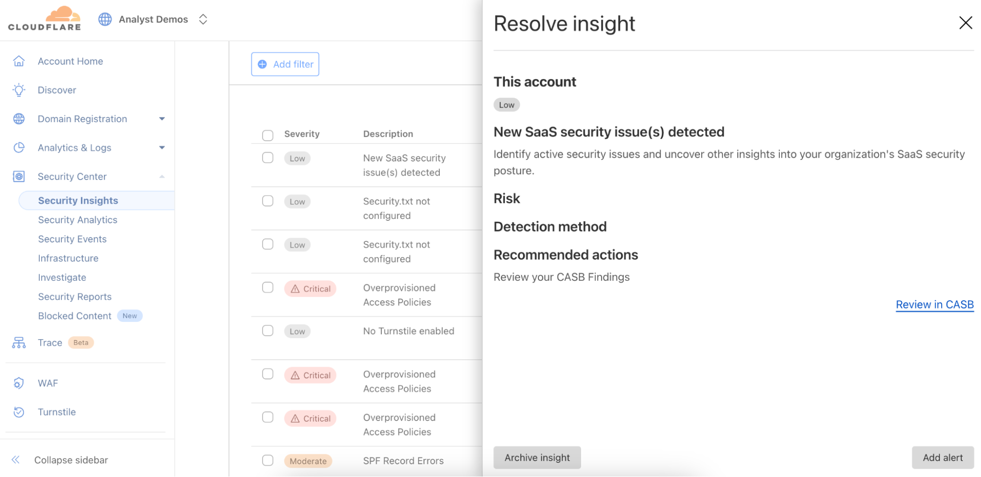 A screenshot of the Security Insights page where examples of SaaS issues types are highlighted with corresponding severity.