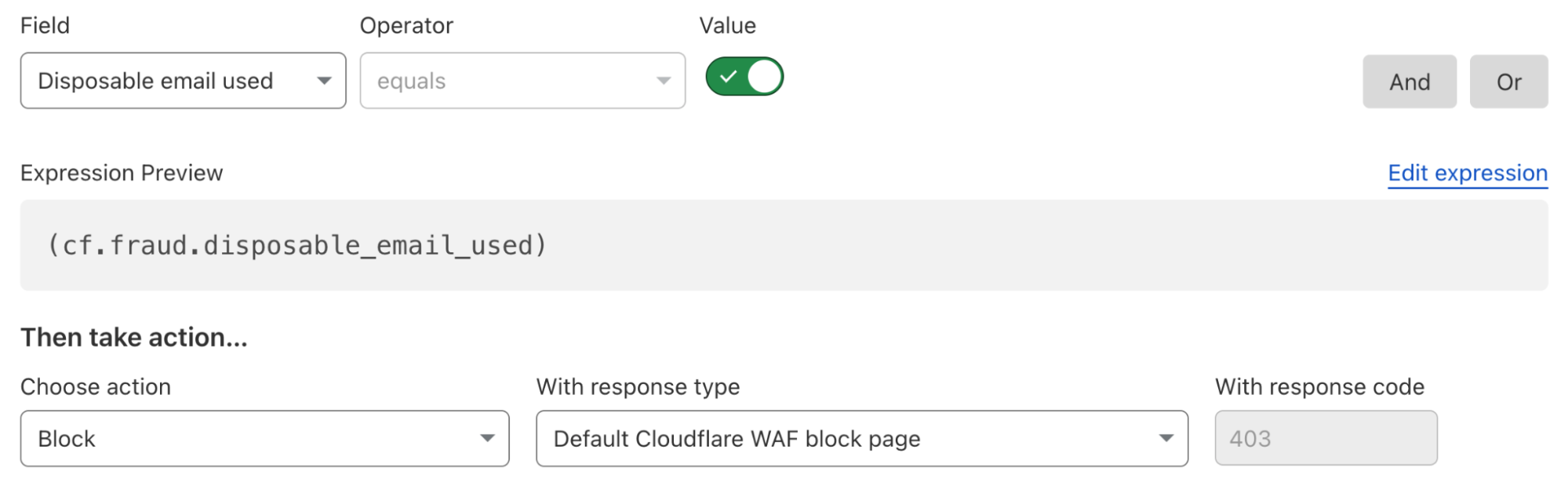 A screenshot of a security rule configured to block requests when disposal email is detected using a tentative field