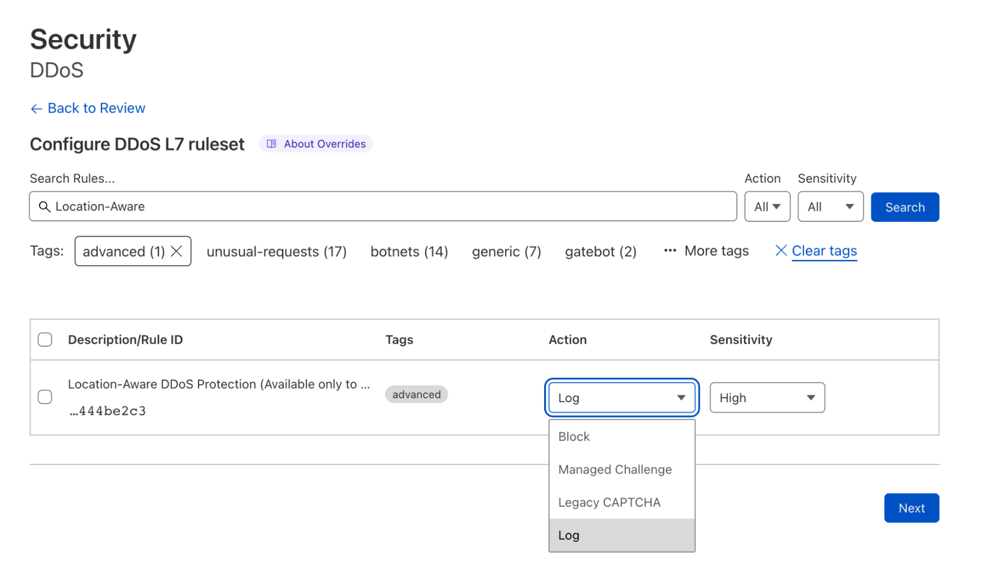 Screenshot of Cloudflare’s dashboard showing the Location-Aware DDoS Protection rule