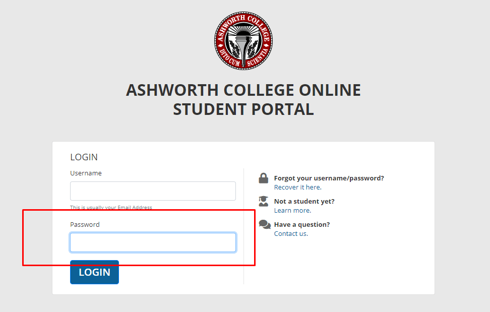 Ashworth student portal login page for entering password