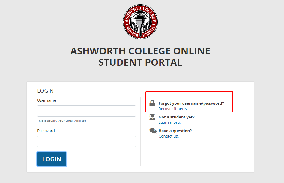Ashworth student portal login page for resetting username and password