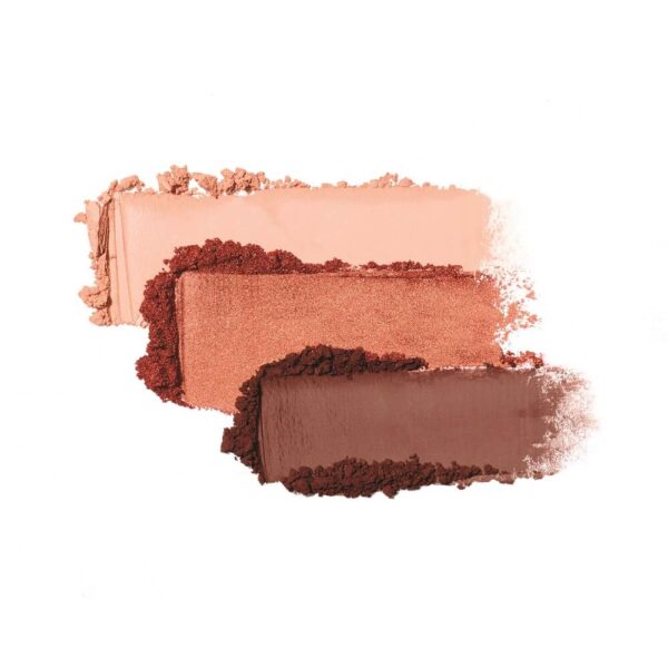 Swatch samples of the Jane Iredale Purepressed Eye Shadow Triple well in Wildflower. The 3 shades are soft matte peach, metallic coral & matte chocolate.