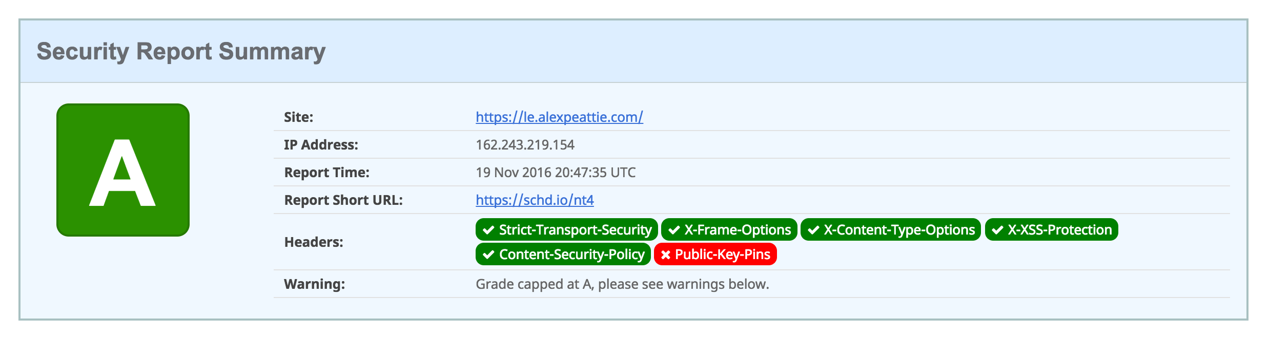 A grade on securityheaders.io