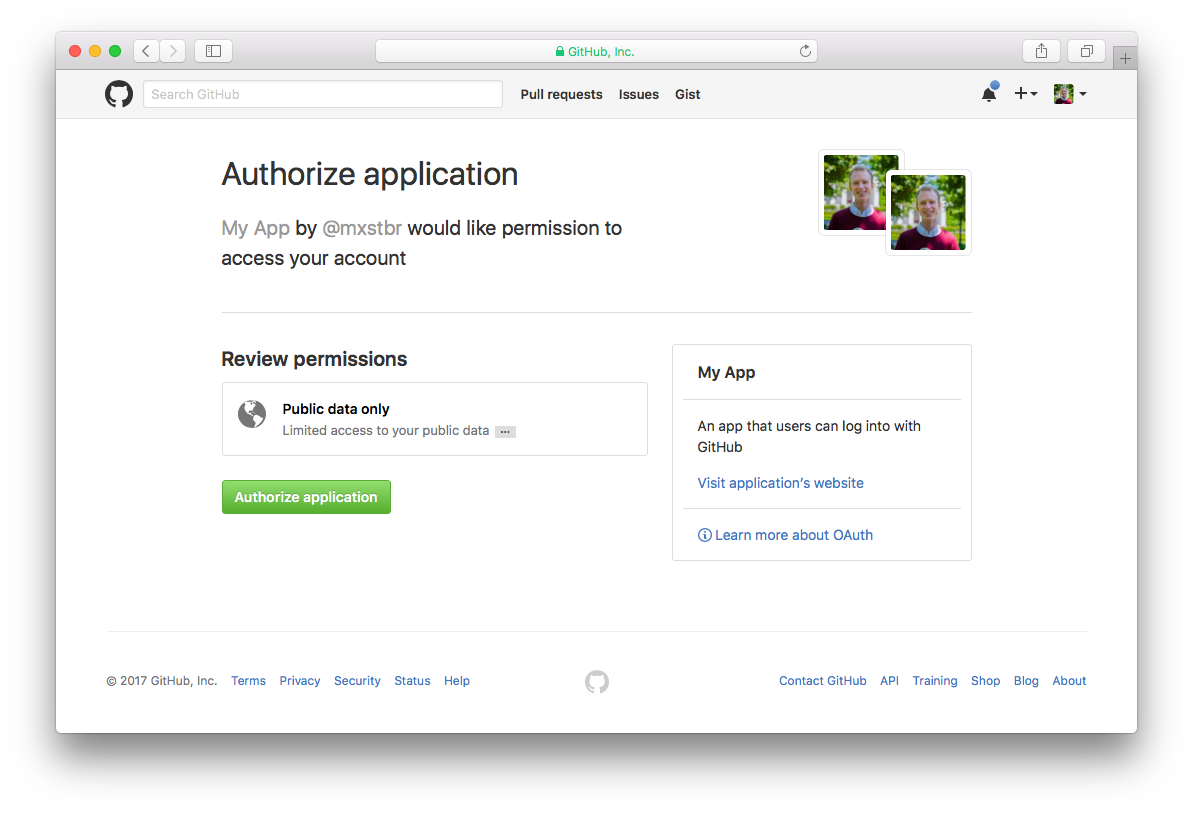 Authorize my app to access your data on GitHub