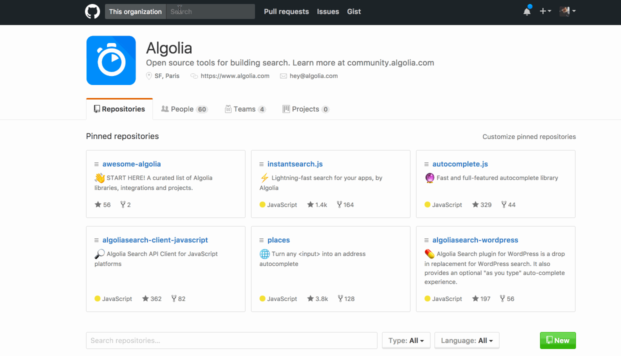 Algolia GitHub Awesome Autocomplete