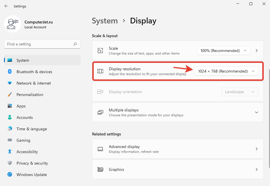 windows 11 settings display resolution en