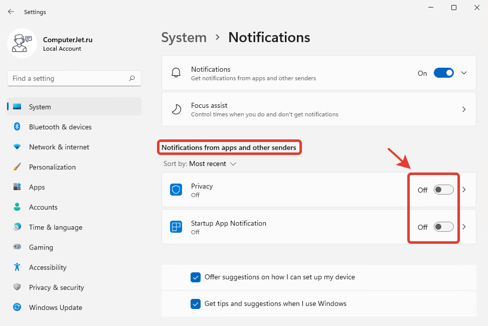 windows 11 settings notifications disable for app en