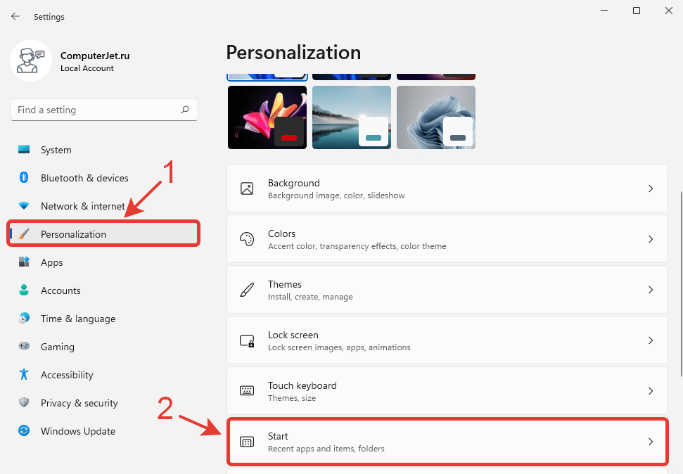 windows 11 settings personalization start en