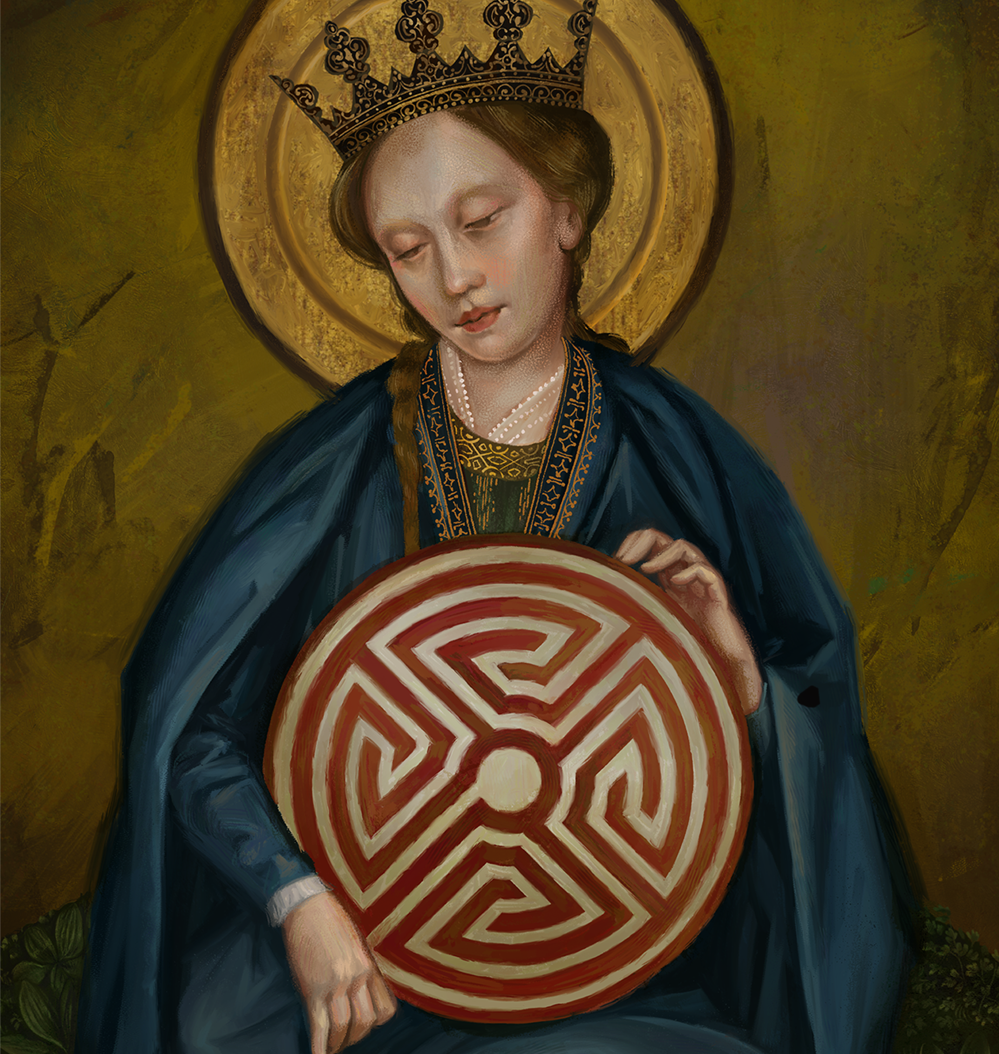 Image of Lady of Labyrinth holding a circular maze