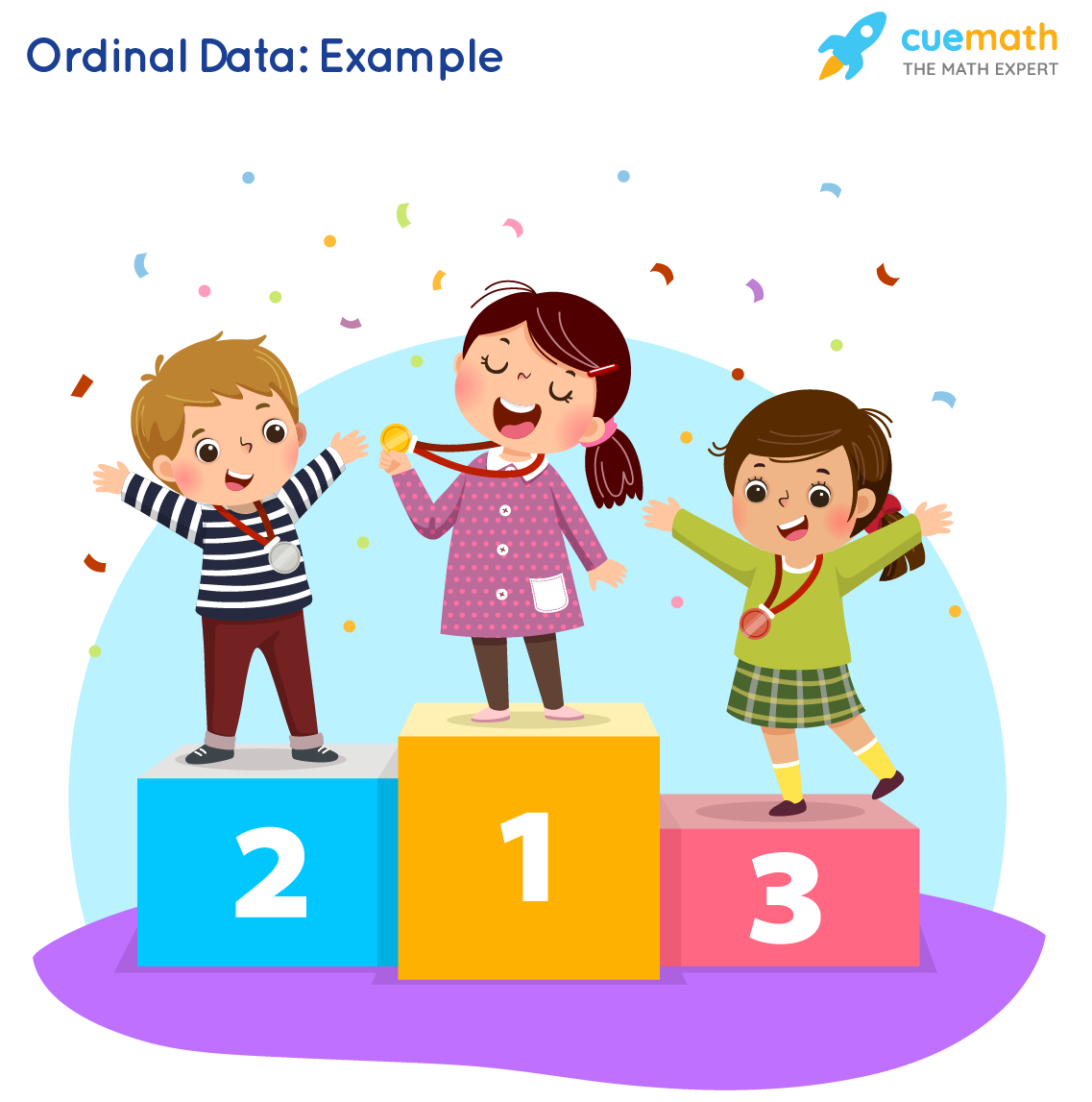 Vector illustration of three kids with medals standing on winners pedestal. Premium Vector