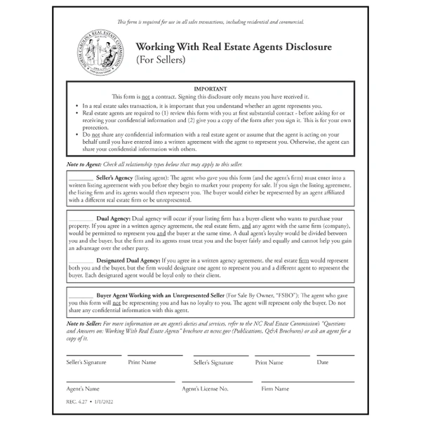 North Carolina Real Estate Commission Publications Working With Real Estate Agents Disclosure