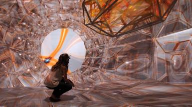 Woman crouching surrounded by protected 3D animation. 