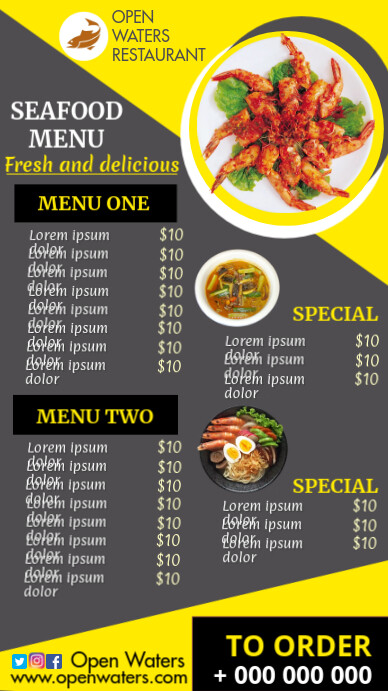 Tampilan Menu Digital Seafood Abu Abu Dan Kuning Templat Postermywall