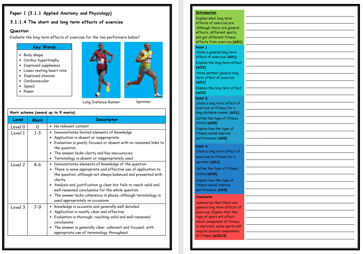 Gcse Pe Aqa 9 1 Structure Strip Long Term Effects Of Exercise Extended Question Teaching Resources