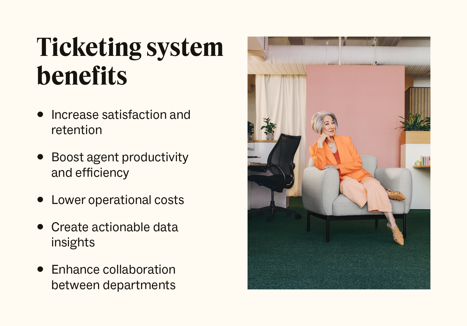 A list of ticketing system benefits is accompanied by an image of a business professional sitting in an office chair.