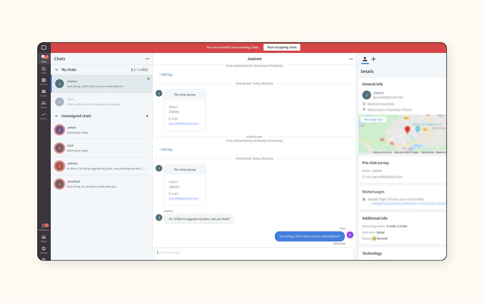 A view of LiveChat’s live chat software.