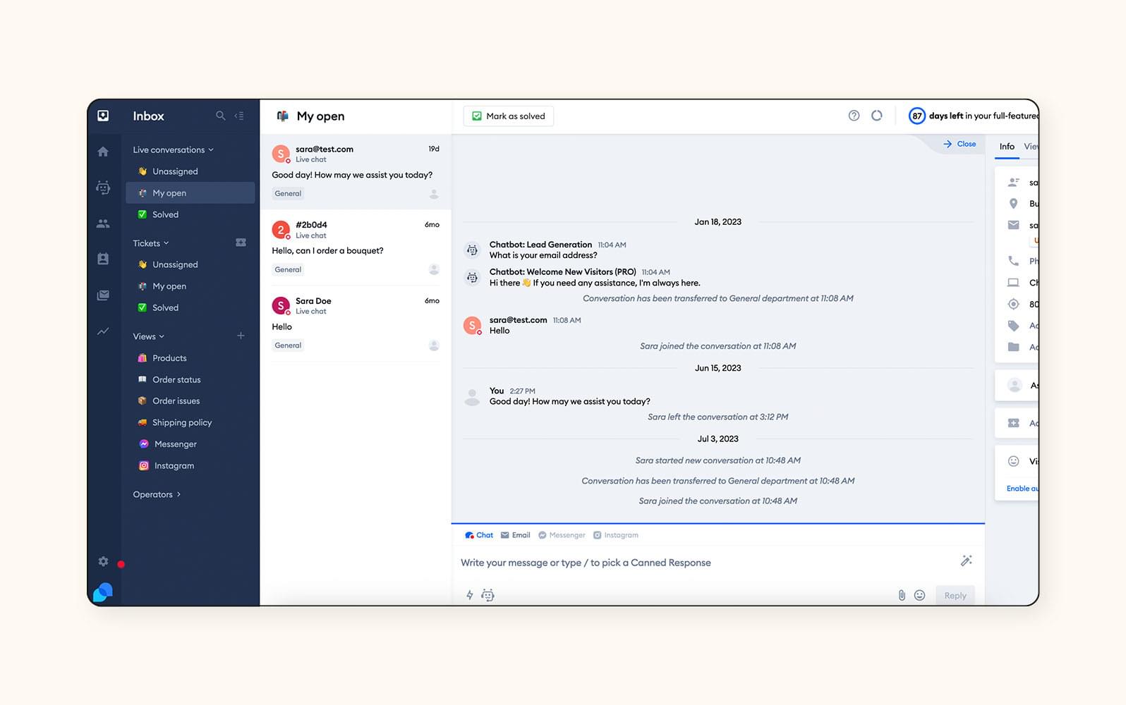 A view of Tidio’s live chat software.