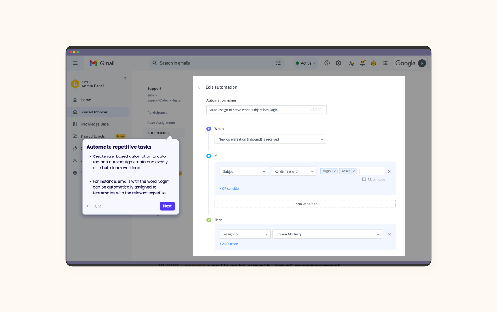 An image displays the Hiver email automation settings.