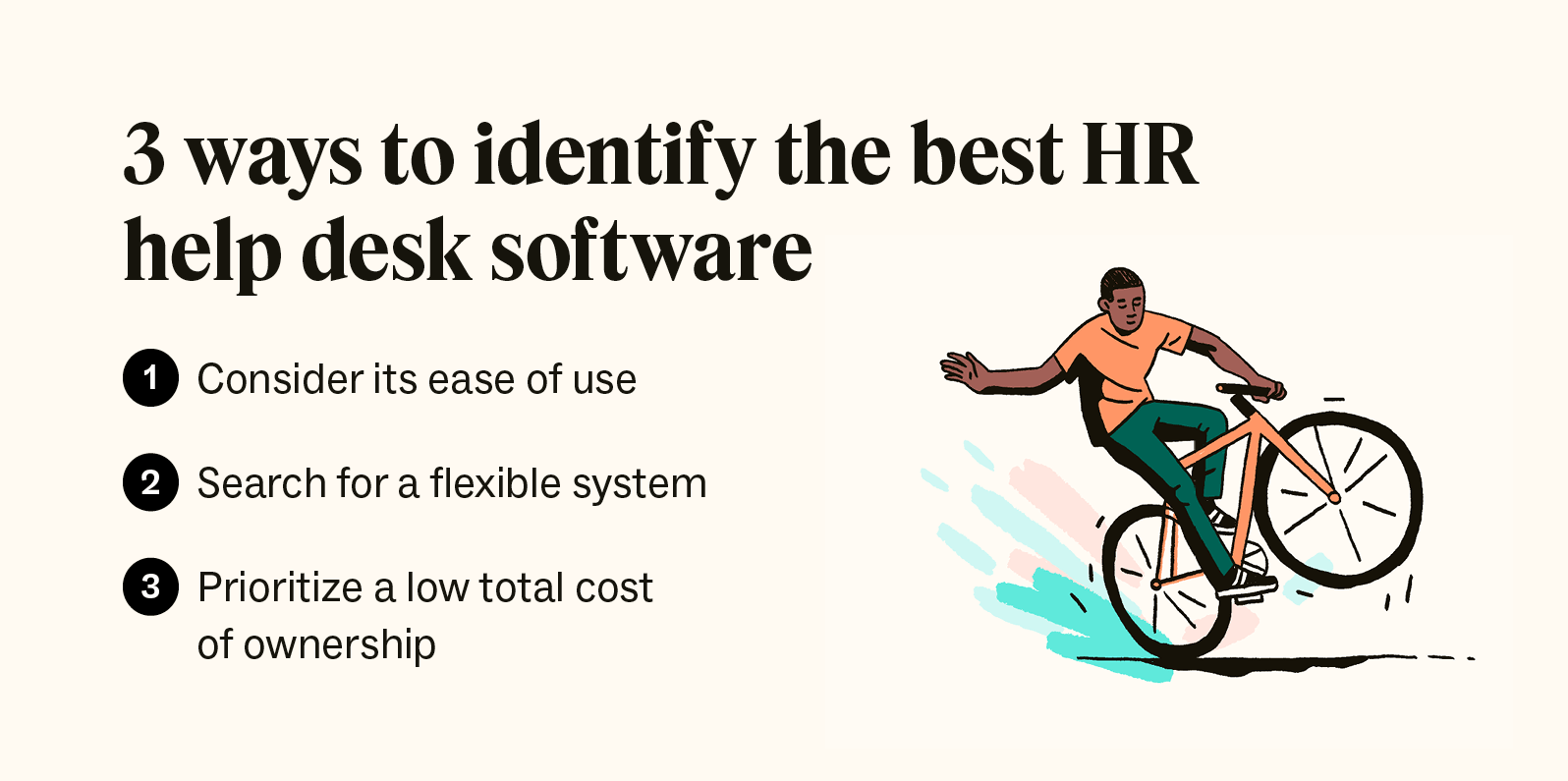 A list of ways to identify the best HR help desk software is accompanied by an illustration of a man on a bike.