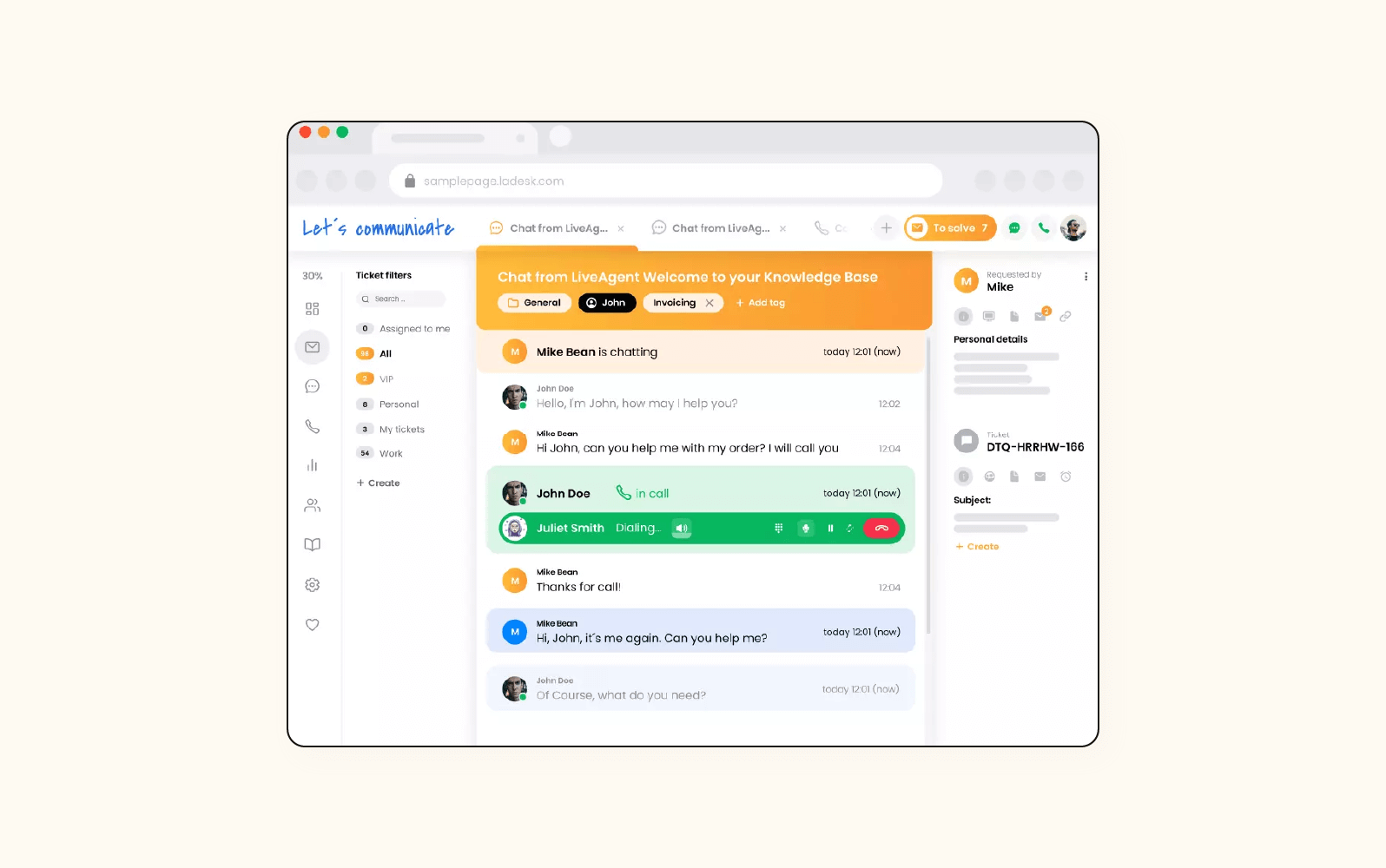 An image displays the support team view of the LiveAgent ticketing software.