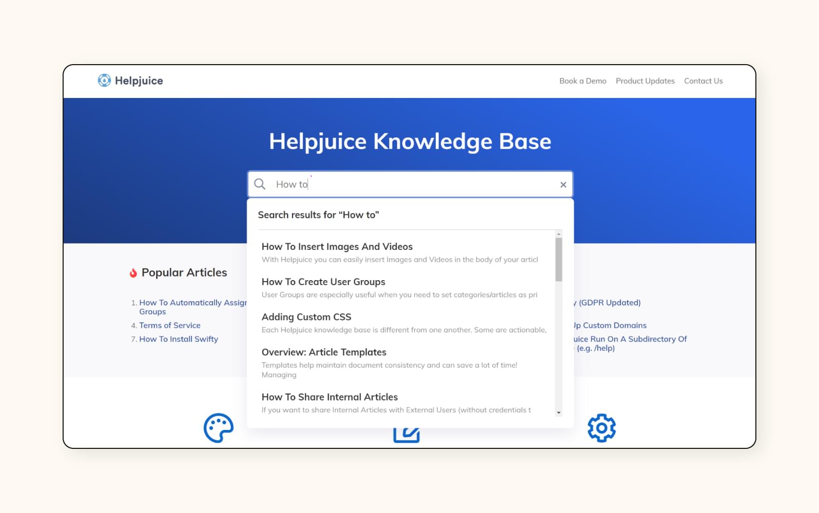 A screenshot displays Helpjuice knowledge base software.