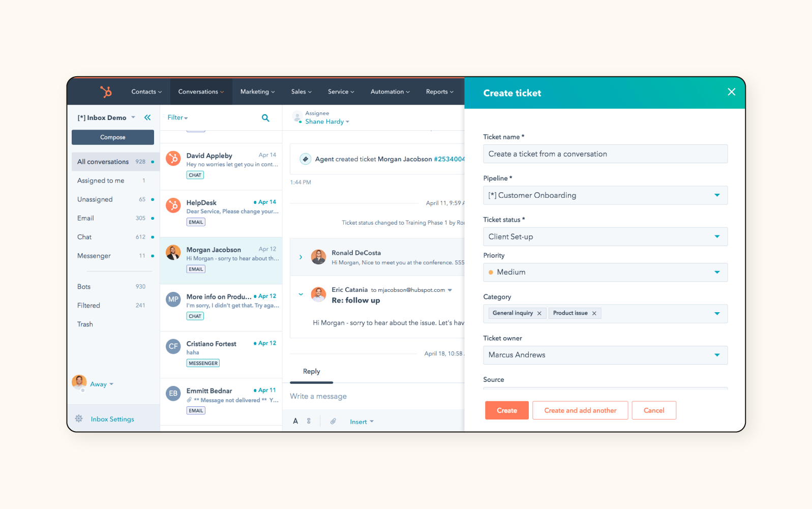 A screenshot shows HubSpot’s customer service ticket software.