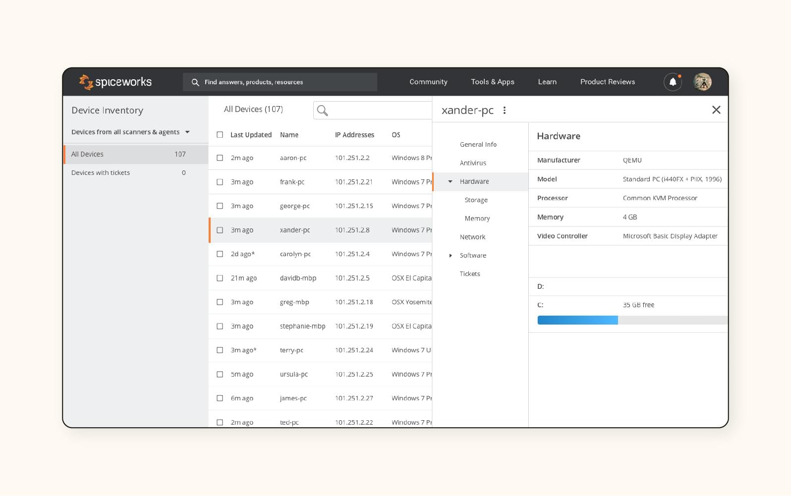 A device inventory dashboard in Spiceworks Cloud Help Desk, a help desk software.