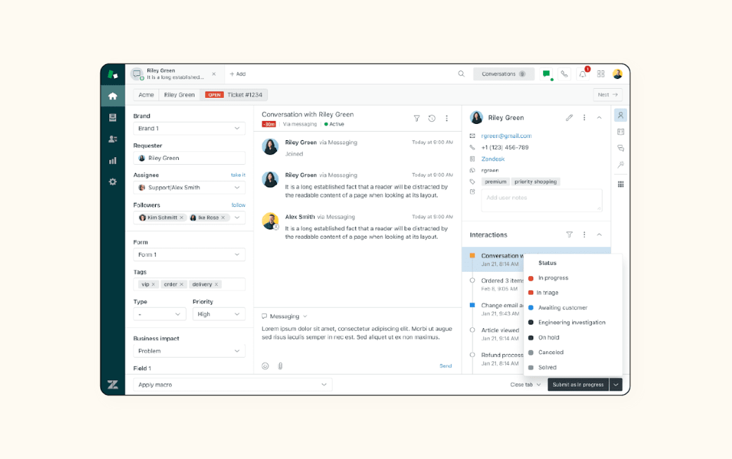 An image displays the Zendesk ticketing system software.