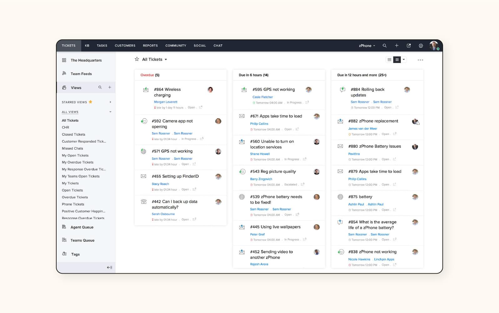 A ticket dashboard in Zoho Desk, a help desk software.