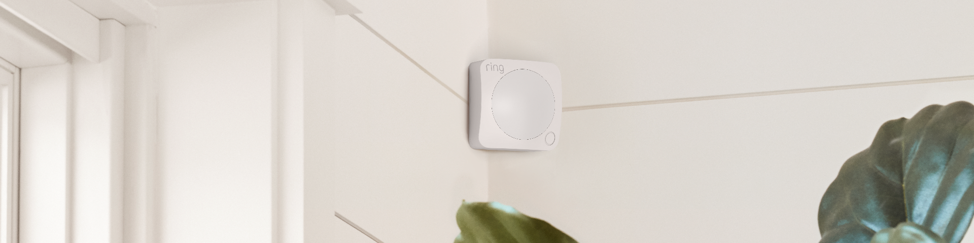 A Ring Alarm Motion Detector (2nd Gen) mounted in the corner of a living room.