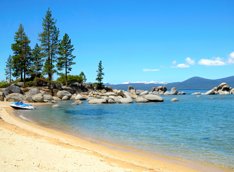 A Beach With Rocks And Trees